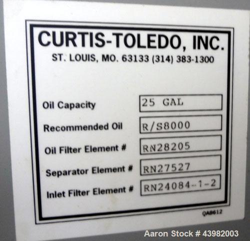 Used Curtis RS Series Rotary Screw Compressor, Model R/S-150D-A/E-E75G. Air cooled, rated 706 cfm at 125 psi. Driven by a 150 hp, 3/60/460 volt, 1780 rpm motor.  Includes a control panel and sound en...