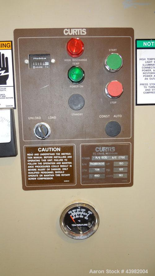 Used Curtis RS Series Rotary Screw Compressor, Model R/S-150D-A/E-E75G. Air cooled, rated 706 cfm at 125 psi. Driven by a 150 hp, 3/60/460 volt, 1780 rpm motor.  Includes a control panel and sound en...