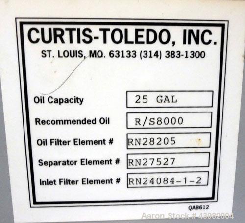 Used Curtis RS Series Rotary Screw Compressor, Model R/S-150D-A/E-E75G. Air cooled, rated 706 cfm at 125 psi. Driven by a 150 hp, 3/60/460 volt, 1780 rpm motor.  Includes a control panel and sound en...