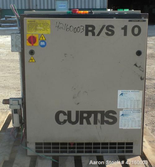 Used Curtis-Toledo Single Stage Rotary Screw Compressor, Model RS10. Oil cooled, 38.5 CFM at 115 psi at 4940 rpm. Driven by a 10 hp motor.Includes a control panel, and sound enclosure. Requires air t...