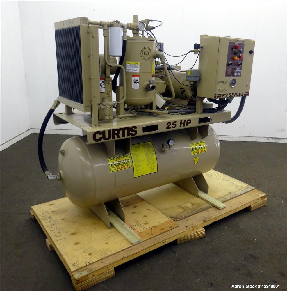 Used Curtis Rotary Screw Air Compressor, 120 Gallon, Model RS25A A-E B101. Rated 104 CFM at 125 psi. Driven by a 25hp,  3/60/200 volt, 1760 rpm motor. Curtis-Toledo compressor model B101-V001. Has mu...