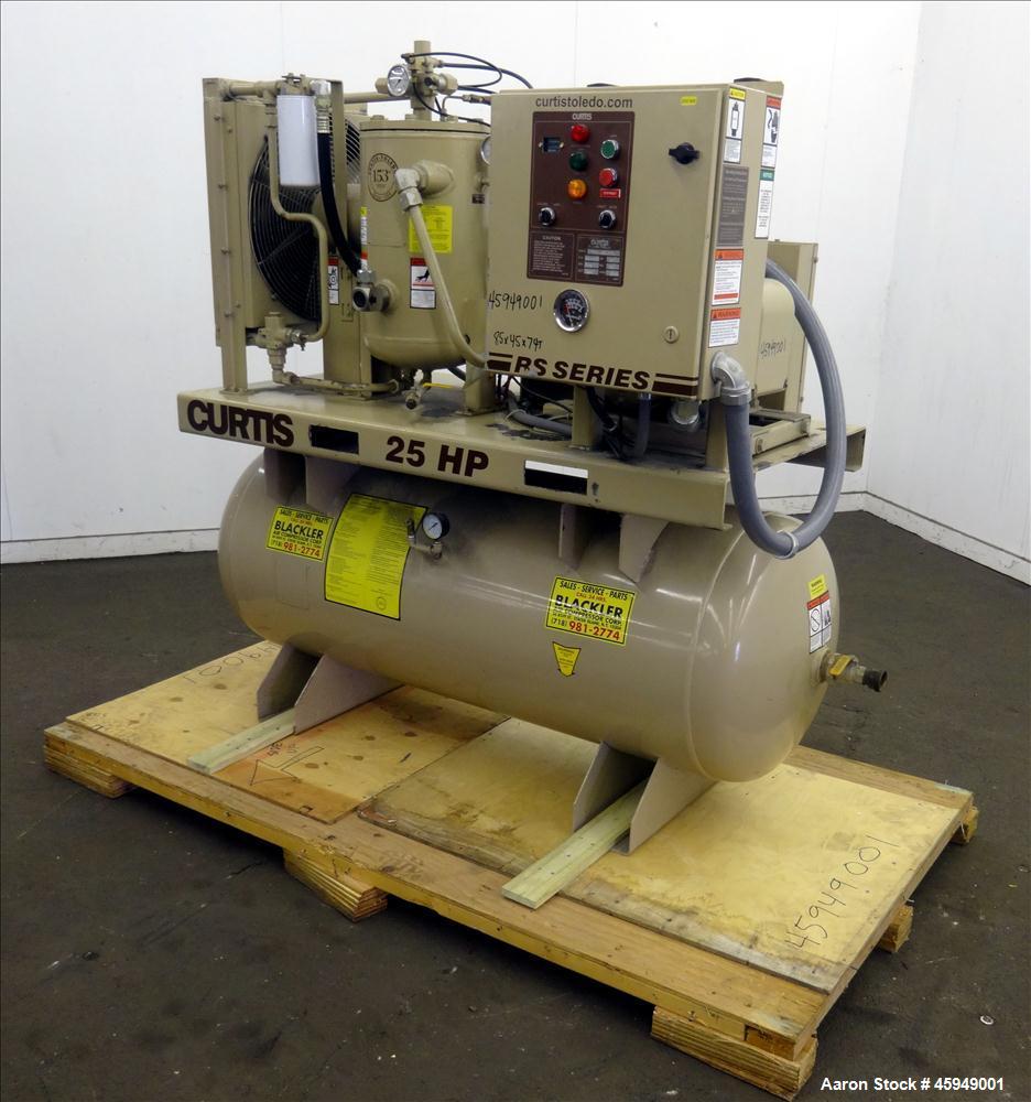 Used Curtis Rotary Screw Air Compressor, 120 Gallon, Model RS25A A-E B101. Rated 104 CFM at 125 psi. Driven by a 25hp,  3/60/200 volt, 1760 rpm motor. Curtis-Toledo compressor model B101-V001. Has mu...