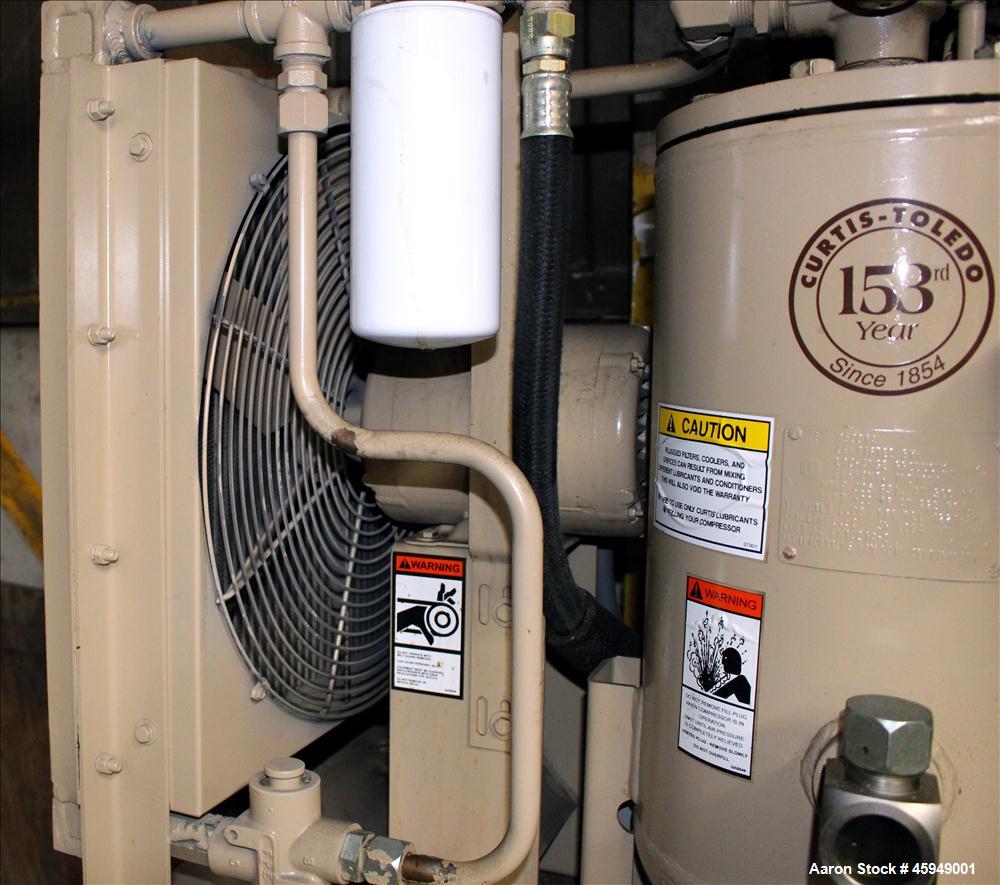 Used Curtis Rotary Screw Air Compressor, 120 Gallon, Model RS25A A-E B101. Rated 104 CFM at 125 psi. Driven by a 25hp,  3/60/200 volt, 1760 rpm motor. Curtis-Toledo compressor model B101-V001. Has mu...
