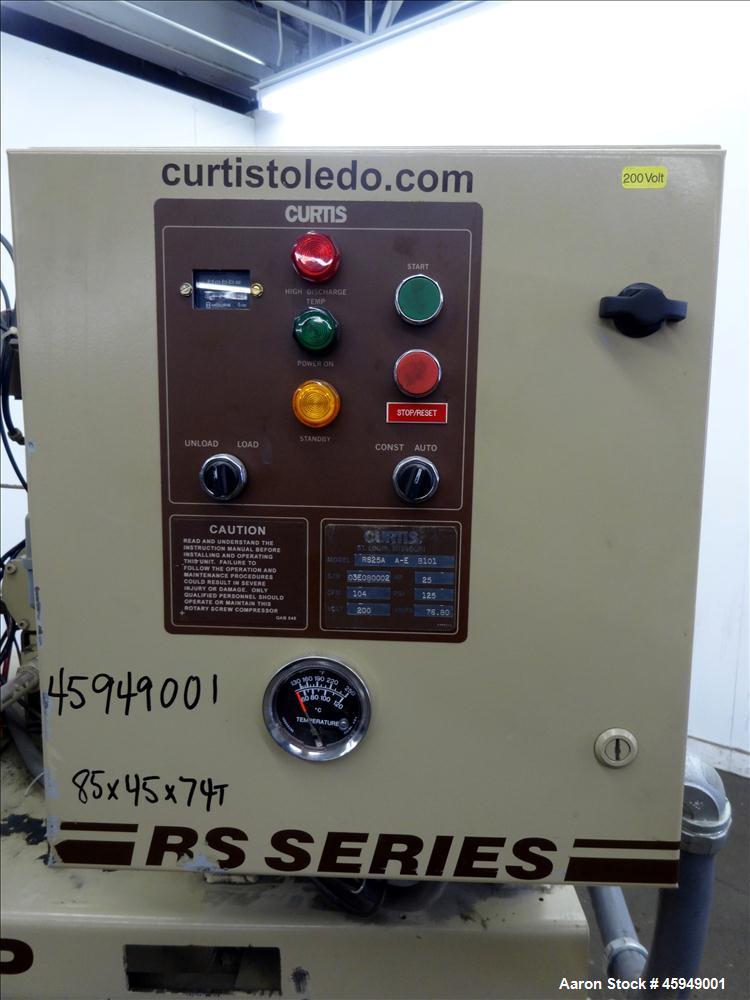 Used Curtis Rotary Screw Air Compressor, 120 Gallon, Model RS25A A-E B101. Rated 104 CFM at 125 psi. Driven by a 25hp,  3/60/200 volt, 1760 rpm motor. Curtis-Toledo compressor model B101-V001. Has mu...