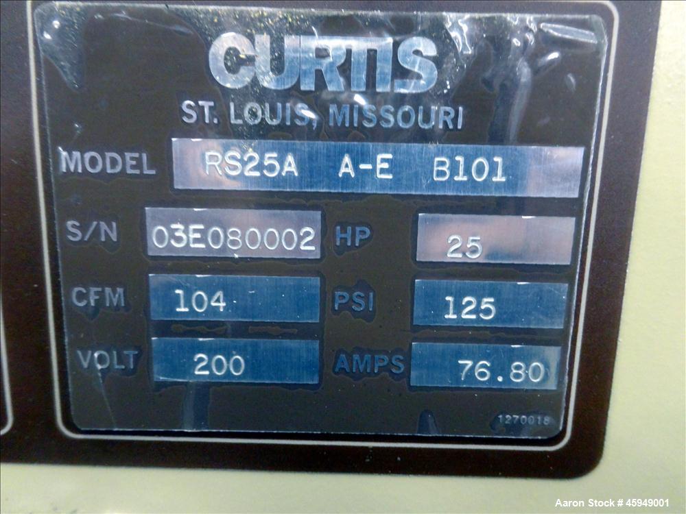 Used Curtis Rotary Screw Air Compressor, 120 Gallon, Model RS25A A-E B101. Rated 104 CFM at 125 psi. Driven by a 25hp,  3/60/200 volt, 1760 rpm motor. Curtis-Toledo compressor model B101-V001. Has mu...