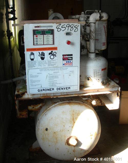 Used:  Gardner Denver rotary screw tank mounted air compressor, model EBE99K. Approximately 92 acfm at 125 psig. Air cooled. Driven by an approximate 25 hp motor. Mounted on a 100 gallon horizontal t...