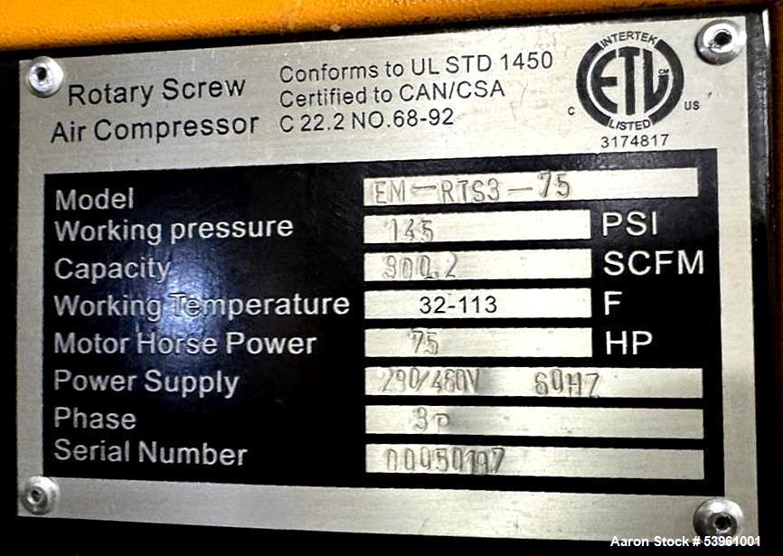 Used Eaton Dynamics Rotary Screw Air Compressor, Model EM-RTS3-75 – 75 HP, 300.2 SCFM, 145 PSI with EDRYHT0402 Air Dryer