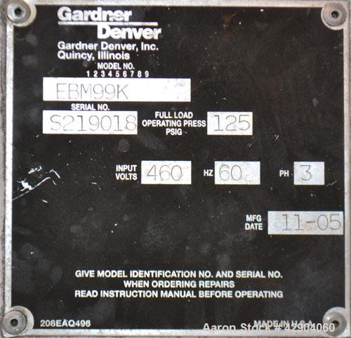 Used Gardner Denver Electra-Saver II Oil Flooded Rotary Screw Air Compressor, Model EBM99K. Rated approximate 320 cfm at 125 psi. Driven by a 75hp, 3/60/230/460 volt, 1775 rpm motor. Includes Auto-Se...