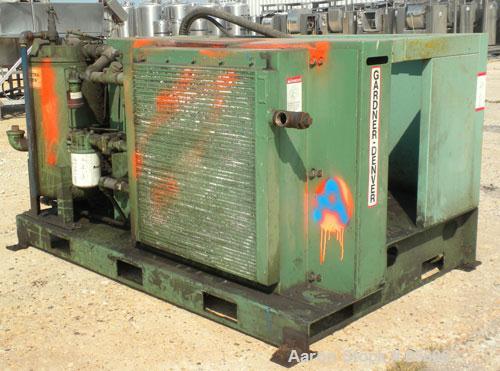 Used Gardner Denver Rotary Screw Compressor, Model EDEQJB-AAGA99C, air cooled. Approximately 221 cfm at 100 psi at 4795 rpm. Driven by a 50 hp, 3/60/460 volt, 1725 rpm motor. Unit includes control pa...