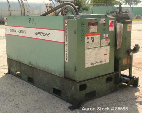 Used Gardner Denver Rotary Screw Compressor, Model EDEQJB-AAGA99C, air cooled. Approximately 221 cfm at 100 psi at 4795 rpm. Driven by a 50 hp, 3/60/460 volt, 1725 rpm motor. Unit includes control pa...