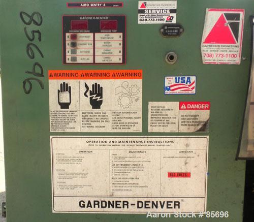 Used Gardner Denver Rotary Screw Compressor, Model EDEQJB-AAGA99C, air cooled. Approximately 221 cfm at 100 psi at 4795 rpm. Driven by a 50 hp, 3/60/460 volt, 1725 rpm motor. Unit includes control pa...