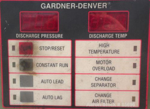 Used Gardner Denver Rotary Screw Compressor, Model EDEQJB-AAGA99C, air cooled. Approximately 221 cfm at 100 psi at 4795 rpm. Driven by a 50 hp, 3/60/460 volt, 1725 rpm motor. Unit includes control pa...