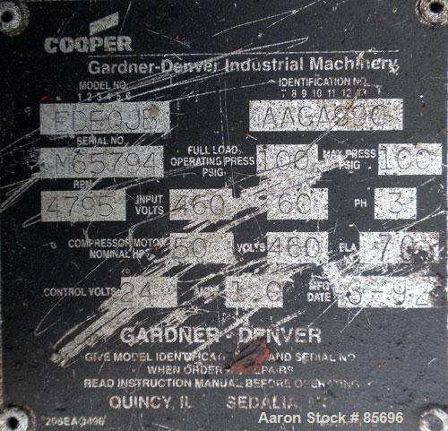 Used Gardner Denver Rotary Screw Compressor, Model EDEQJB-AAGA99C, air cooled. Approximately 221 cfm at 100 psi at 4795 rpm. Driven by a 50 hp, 3/60/460 volt, 1725 rpm motor. Unit includes control pa...