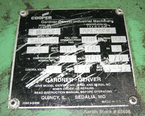 Used Gardner Denver Rotary Screw Compressor, Model EDEQJB-AAGA99C, air cooled. Approximately 221 cfm at 100 psi at 4795 rpm. Driven by a 50 hp, 3/60/460 volt, 1725 rpm motor. Unit includes control pa...