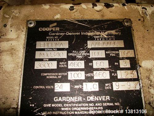 Used Gardner-Denver 150 hp Air Compressor, Model EDHQMA AACAACC.150 HP air compressor with 100 psi operating pressure. Water cooled. 3/60/480V. Year 2001. SN-S114423.