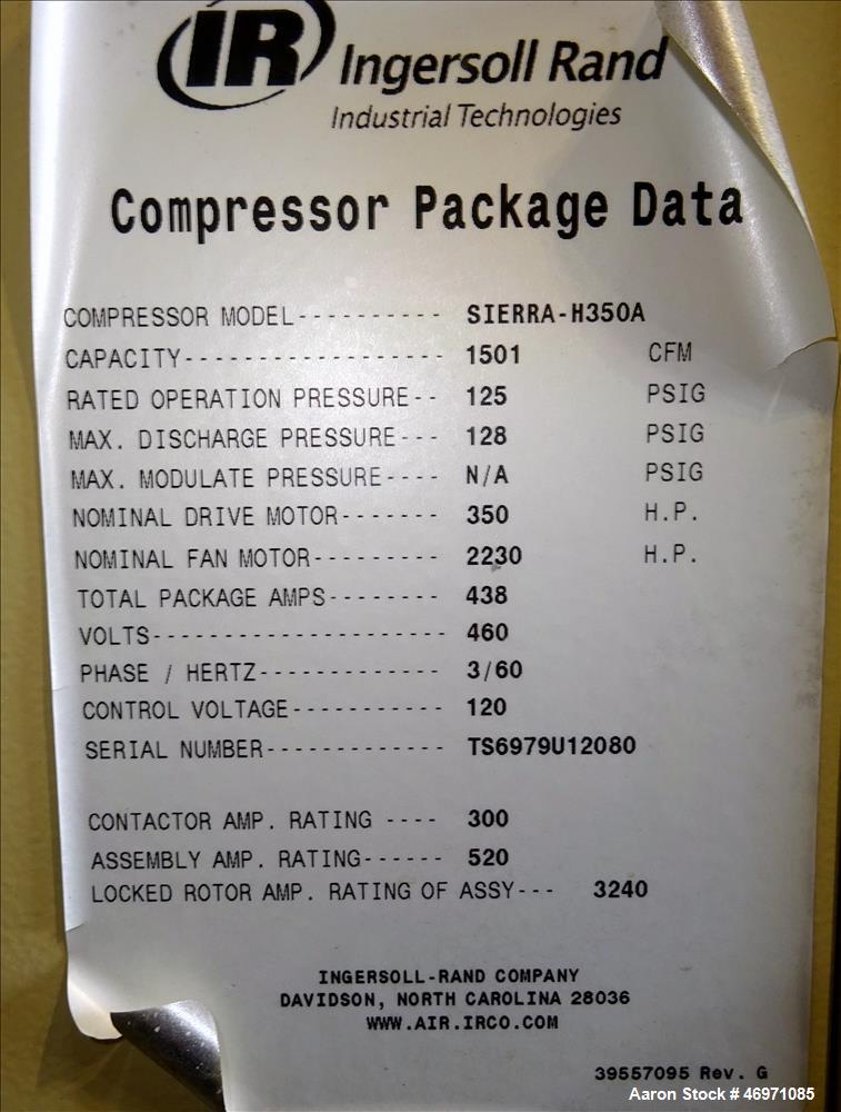 Used Ingersoll-Rand Sierra Air Cooled Rotary Screw Air Compressor, Model H350A. Capacity 1501 CFM, rated operating pressure 125 psig. Driven by a 350hp, 3/60/460 volt, 1788 rpm motor. Includes an Int...
