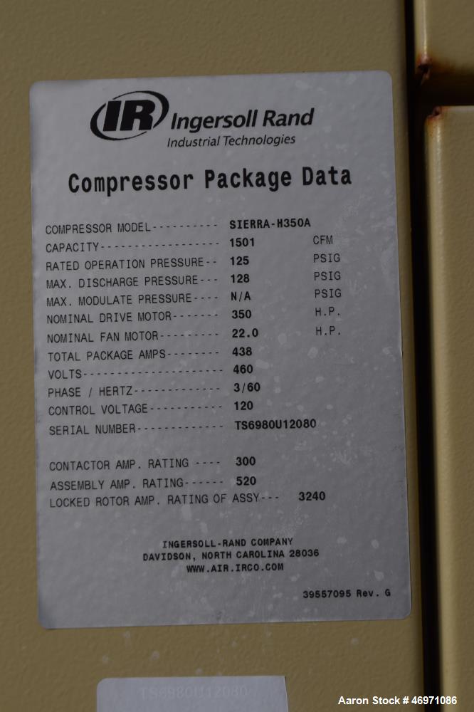 Used- Ingersoll-Rand Sierra Air Cooled Rotary Screw Air Compressor, Model H350A.