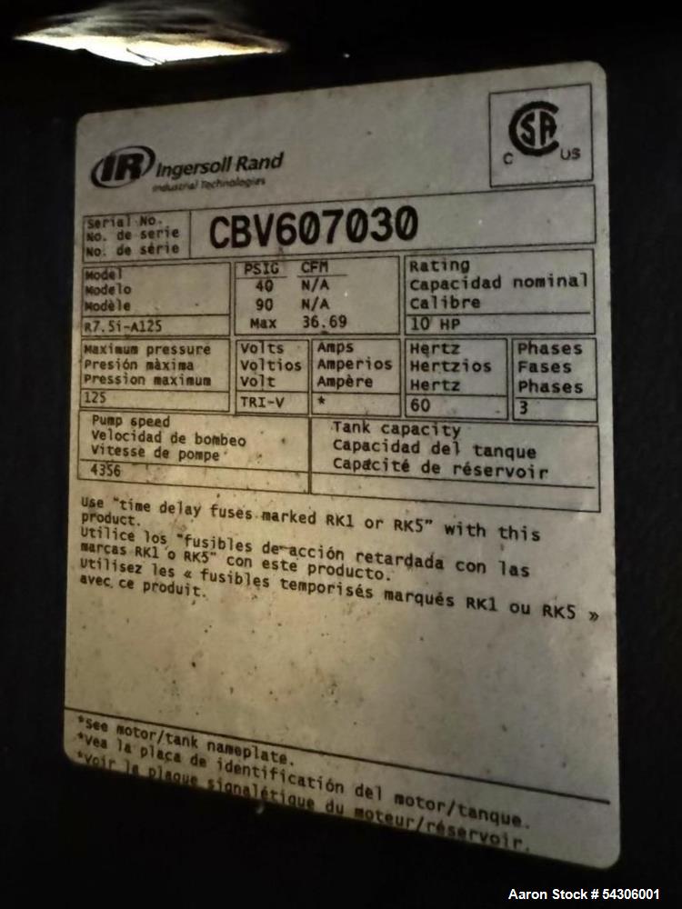 Used Ingersoll Rand Industrial Air Compressor, Model R7.5i-A125, Designed For Continuous-Duty, Rated At 10 Horsepower And Delivers Up To 36.69 CFM, With Operating Pressures Of 40 and 90 PSIG and A Ma...