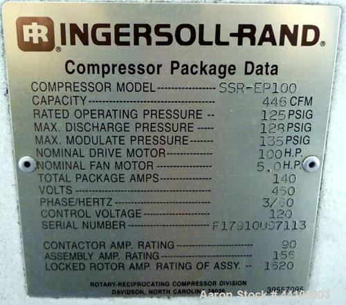 Used- Ingersoll- Rand Air Cooled Rotary Screw Air Compressor, Model SSR-EP100