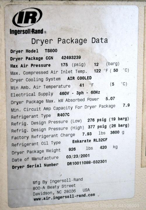 Used Ingersoll-Rand Air Cooled Rotary Screw Air Compressor, Model SSR-EP125. Capacity 571 CFM, rated operating pressure 125 psig, maximum discharge pressure 128 psig, maximum modulate pressure 135 ps...