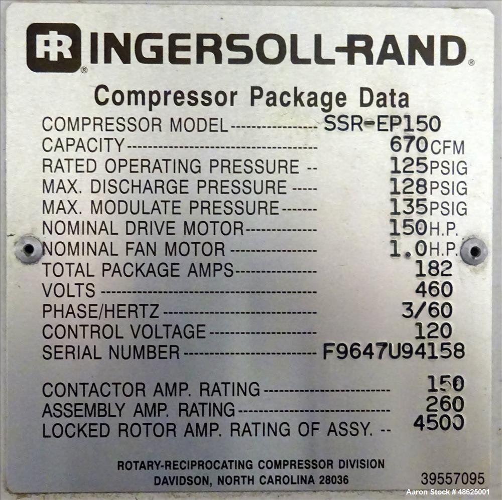 Used Ingersoll Rand Rotary Screw Air Compressor, Model SSR-EP150.