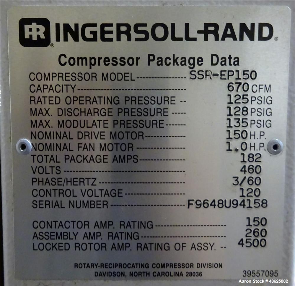 Used Ingersoll Rand Rotary Screw Air Compressor, Model SSR-EP150.