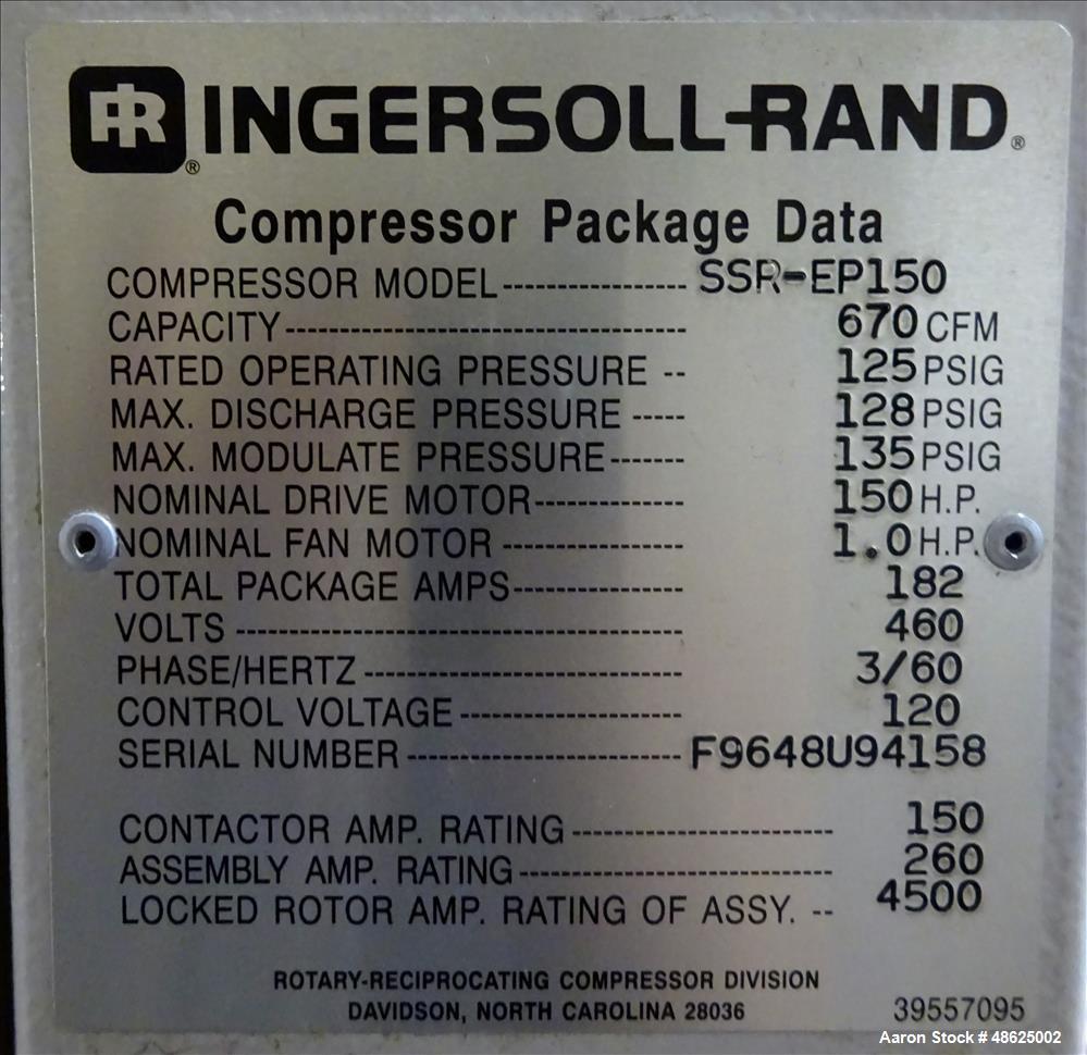 Used- Ingersoll Rand Rotary Screw Air Compressor, Model SSR-EP150.