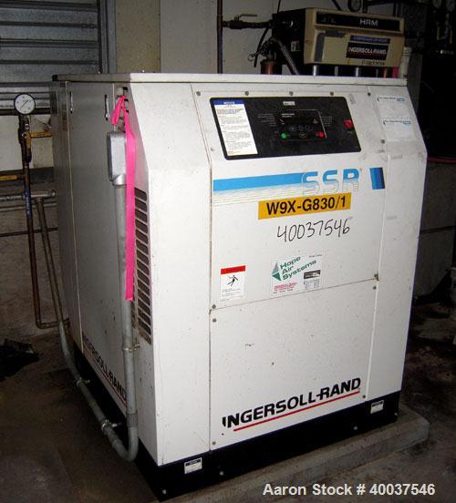 Used Ingeroll Rand Rotary Screw Air Compressor, model SSR-EP30SE. 117 CFM at 125 psi. Driven by a 30 hp,3/60/230/460 volt motor. Includes a model HRM 62-6 air dryer, and an approximately 24" diameter...