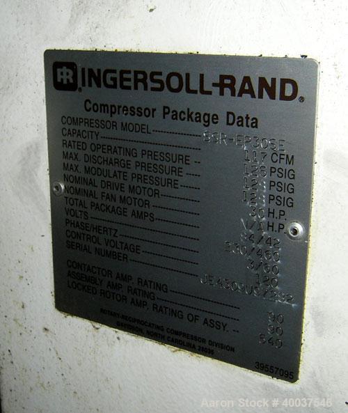 Used Ingeroll Rand Rotary Screw Air Compressor, model SSR-EP30SE. 117 CFM at 125 psi. Driven by a 30 hp,3/60/230/460 volt motor. Includes a model HRM 62-6 air dryer, and an approximately 24" diameter...
