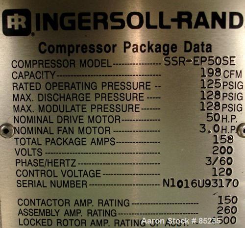 USED: Ingersoll Rand rotary screw compressor, model SSR-EP50SE, aircooled. Approx 198 scfm, operating 125 psi. Driven by a 50 hp, 3/60/230/460 volt, 3450 rpm motor. Includes an IR Intellisys digitalc...