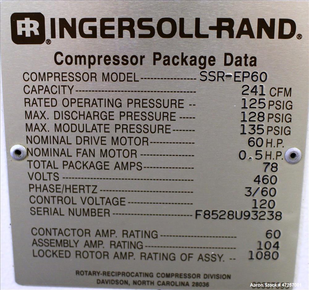 Used Ingersoll-Rand Air Cooled Rotary Screw Air Compressor, Model SSR-EP60.