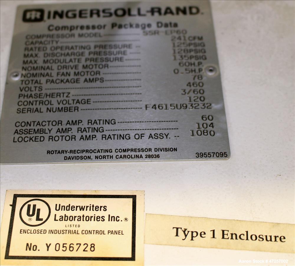 Used Ingersoll-Rand Air Cooled Rotary Screw Air Compressor, Model SSR-EP60
