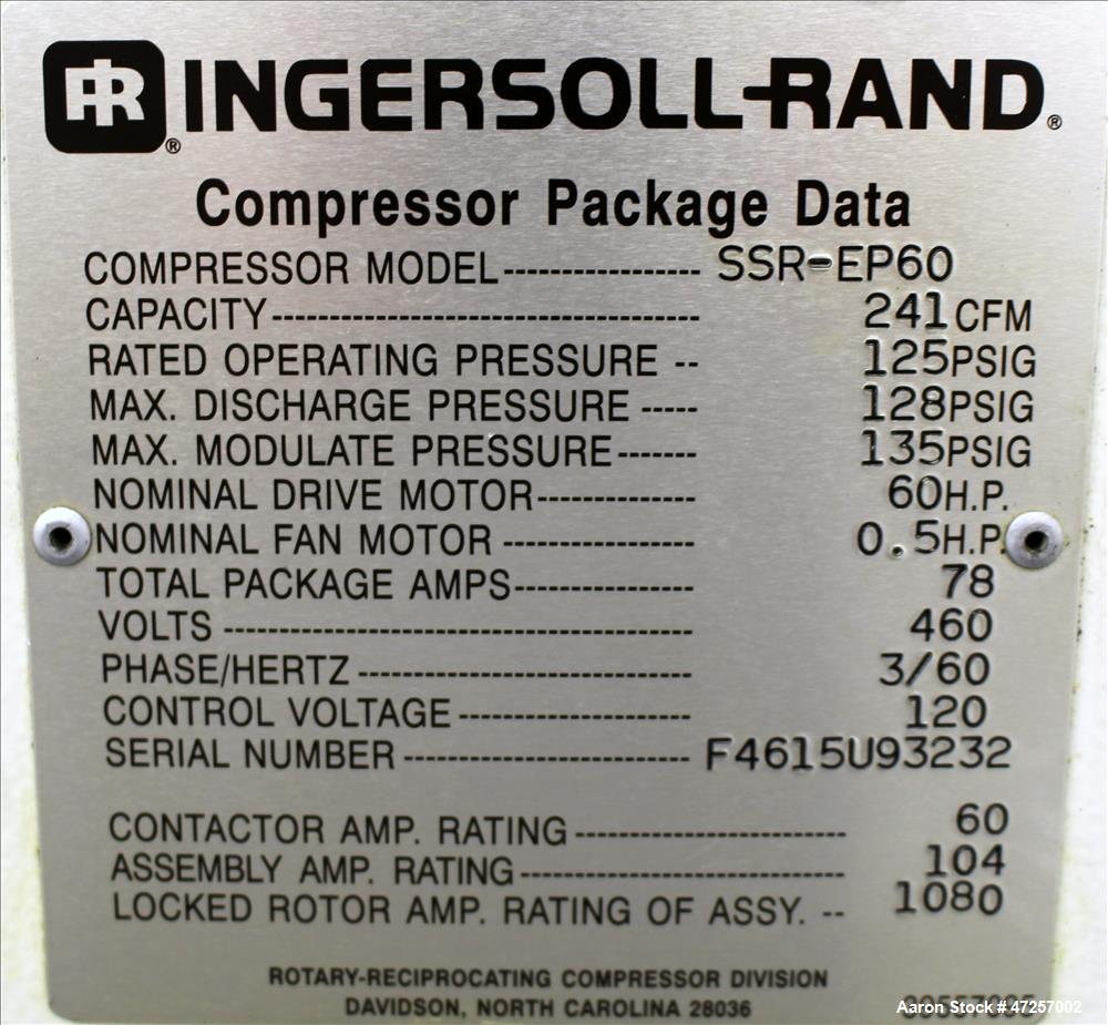 Used Ingersoll-Rand Air Cooled Rotary Screw Air Compressor, Model SSR-EP60
