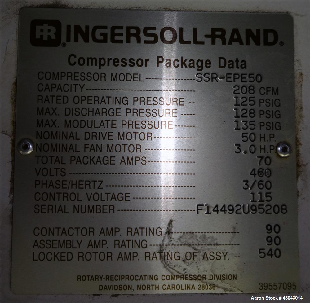 Used- Ingersoll-Rand Air Cooled Rotary Screw Air Compressor, Model SSR-EPE50.