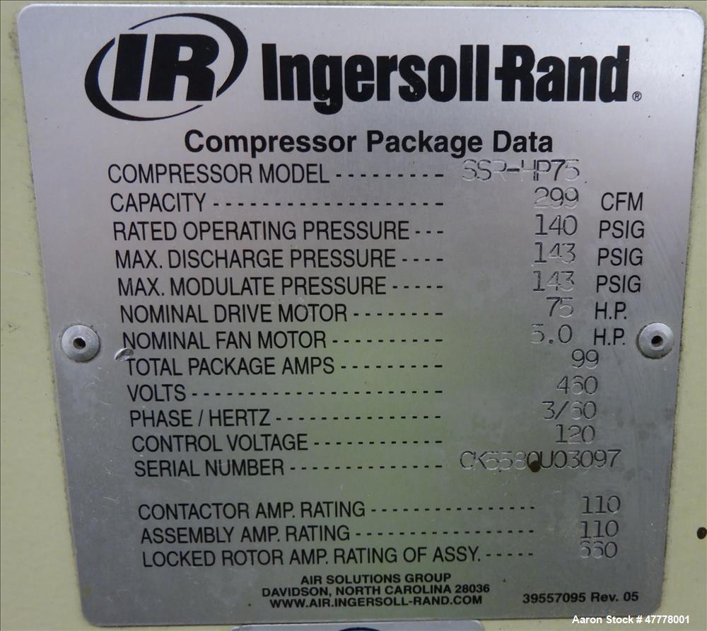 Used Ingersoll-Rand Rotary Screw Air Compressor, Model SSR-HP75.