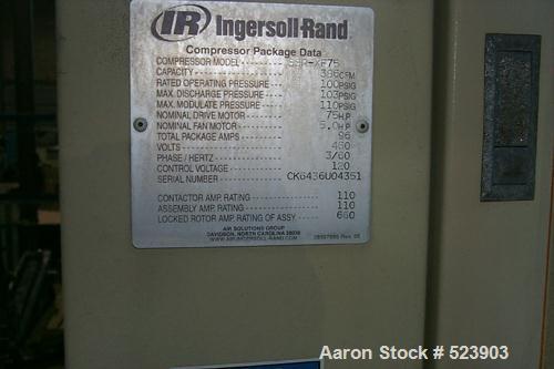 USED: Ingersoll Rand SSR-XP75 rotary screw air compressor, 75 hp.Mounted on a tandem axle trailer.Capacity 386 CFMRated Pressure 100 PSIG75 HP, 5 HP fan motor460 Volts96 Amps3/60 Phase/HertzCK6436U04...