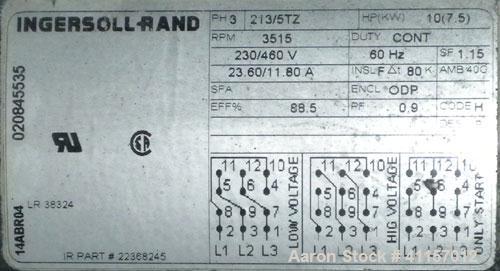 Used Ingersoll-Rand Single Stage Rotary Screw Compressor, Model UP6-10-150. 34 cfm at 150 psi. Air cooled. Driven by a 10 hp, 3/60/203/460 volt, 3515 rpm motor. Mounted on a reciever tank, includes a...