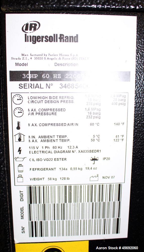 Used Ingersoll-Rand Air Cooled Rotary Screw Air Compressor, Model UP6 30-150. Capacity 112 cfm, rated operating pressure 150 psig. 240 gallon capacity tank. Driven by an approximately 30 hp motor. In...