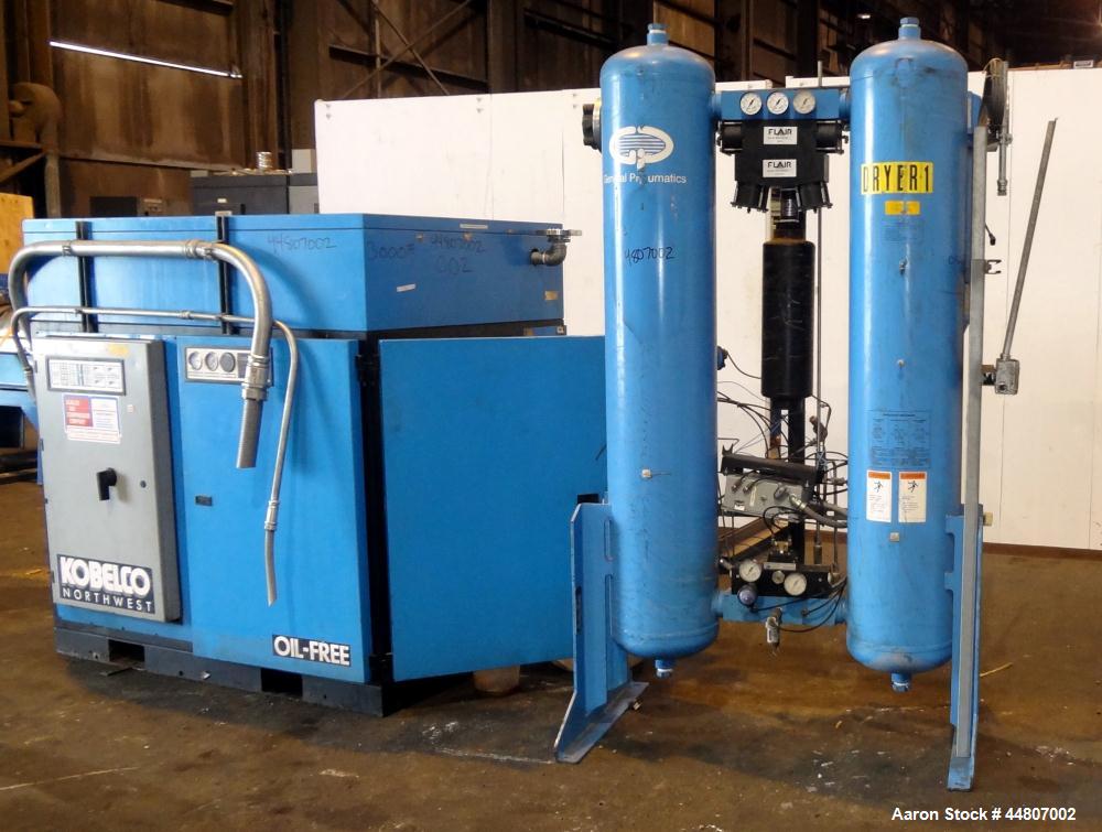 Used Kobelco KNW Series Two Stage Oil Free Rotary Screw Compressor, Model KNW A0-B/H. Air cooled. Rated approximately 223 cfm at 150 psig. Driven by a 60 hp motor. Enclosed in a sound dampening cabin...