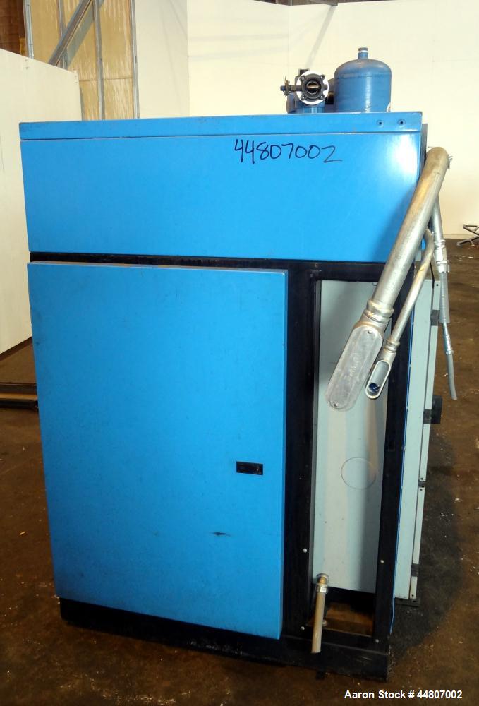 Used Kobelco KNW Series Two Stage Oil Free Rotary Screw Compressor, Model KNW A0-B/H. Air cooled. Rated approximately 223 cfm at 150 psig. Driven by a 60 hp motor. Enclosed in a sound dampening cabin...
