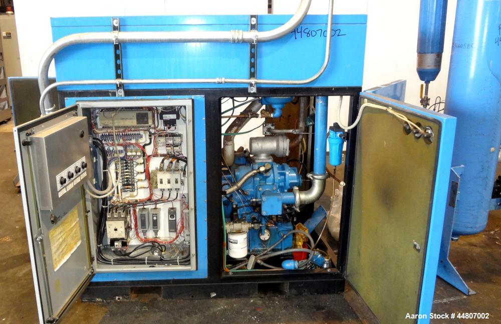 Used Kobelco KNW Series Two Stage Oil Free Rotary Screw Compressor, Model KNW A0-B/H. Air cooled. Rated approximately 223 cfm at 150 psig. Driven by a 60 hp motor. Enclosed in a sound dampening cabin...