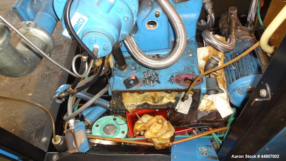Used Kobelco KNW Series Two Stage Oil Free Rotary Screw Compressor, Model KNW A0-B/H. Air cooled. Rated approximately 223 cfm at 150 psig. Driven by a 60 hp motor. Enclosed in a sound dampening cabin...
