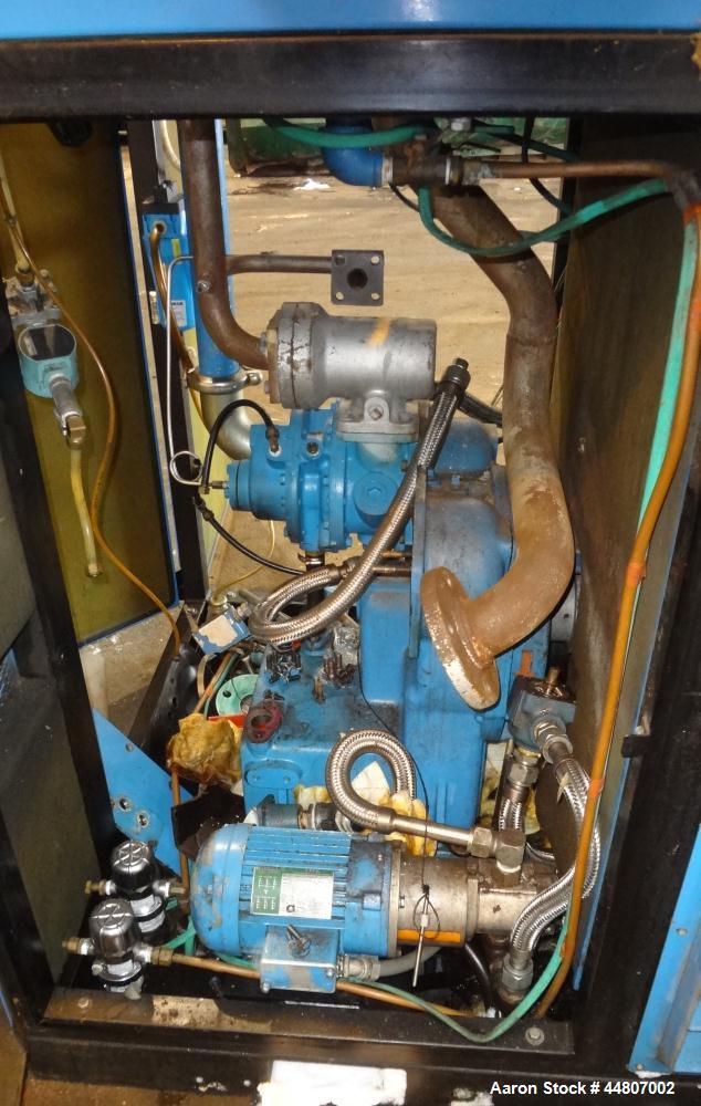 Used Kobelco KNW Series Two Stage Oil Free Rotary Screw Compressor, Model KNW A0-B/H. Air cooled. Rated approximately 223 cfm at 150 psig. Driven by a 60 hp motor. Enclosed in a sound dampening cabin...