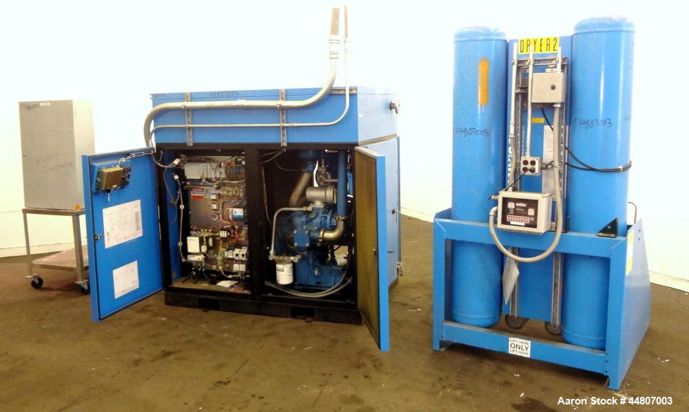 Used Kobelco KNW Series Two Stage Oil Free Rotary Screw Compressor, Model KNW A0-B/H. Air cooled. Rated approximately 223 cfm at 150 psig. Driven by a 60 hp motor. Enclosed in a sound dampening cabin...