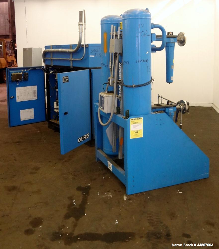 Used Kobelco KNW Series Two Stage Oil Free Rotary Screw Compressor, Model KNW A0-B/H. Air cooled. Rated approximately 223 cfm at 150 psig. Driven by a 60 hp motor. Enclosed in a sound dampening cabin...