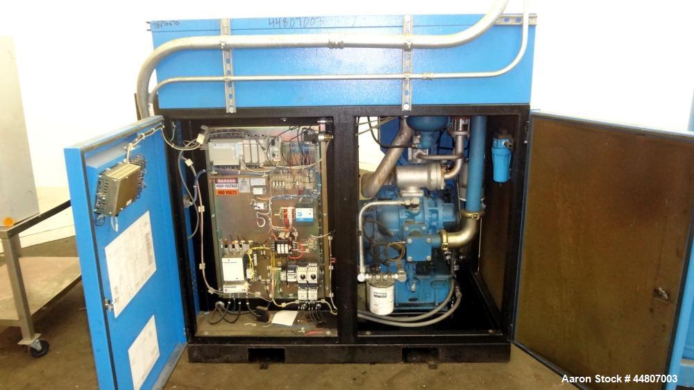 Used Kobelco KNW Series Two Stage Oil Free Rotary Screw Compressor, Model KNW A0-B/H. Air cooled. Rated approximately 223 cfm at 150 psig. Driven by a 60 hp motor. Enclosed in a sound dampening cabin...