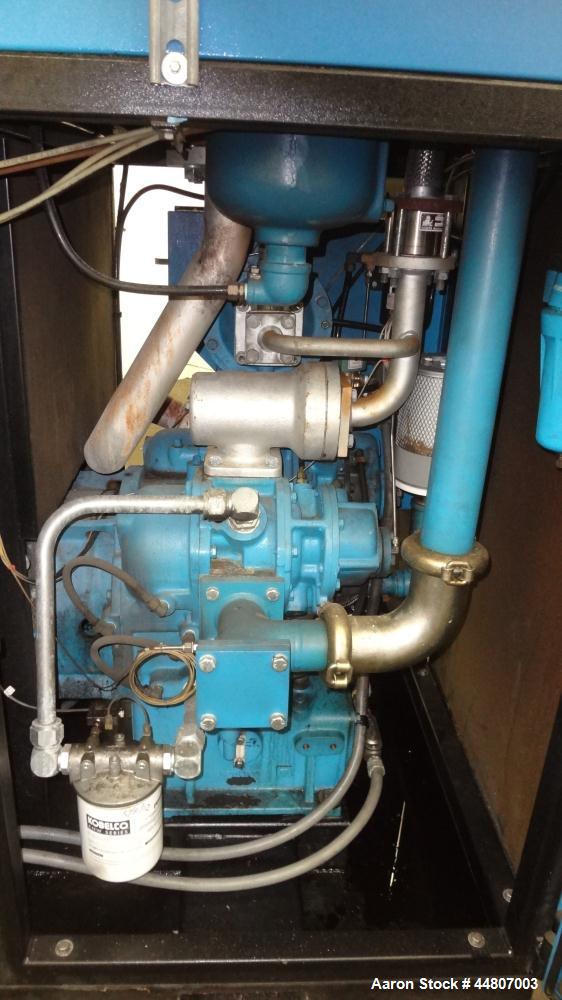 Used Kobelco KNW Series Two Stage Oil Free Rotary Screw Compressor, Model KNW A0-B/H. Air cooled. Rated approximately 223 cfm at 150 psig. Driven by a 60 hp motor. Enclosed in a sound dampening cabin...