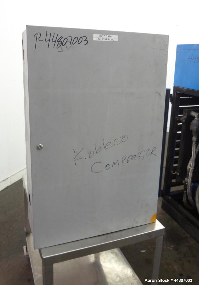 Used Kobelco KNW Series Two Stage Oil Free Rotary Screw Compressor, Model KNW A0-B/H. Air cooled. Rated approximately 223 cfm at 150 psig. Driven by a 60 hp motor. Enclosed in a sound dampening cabin...