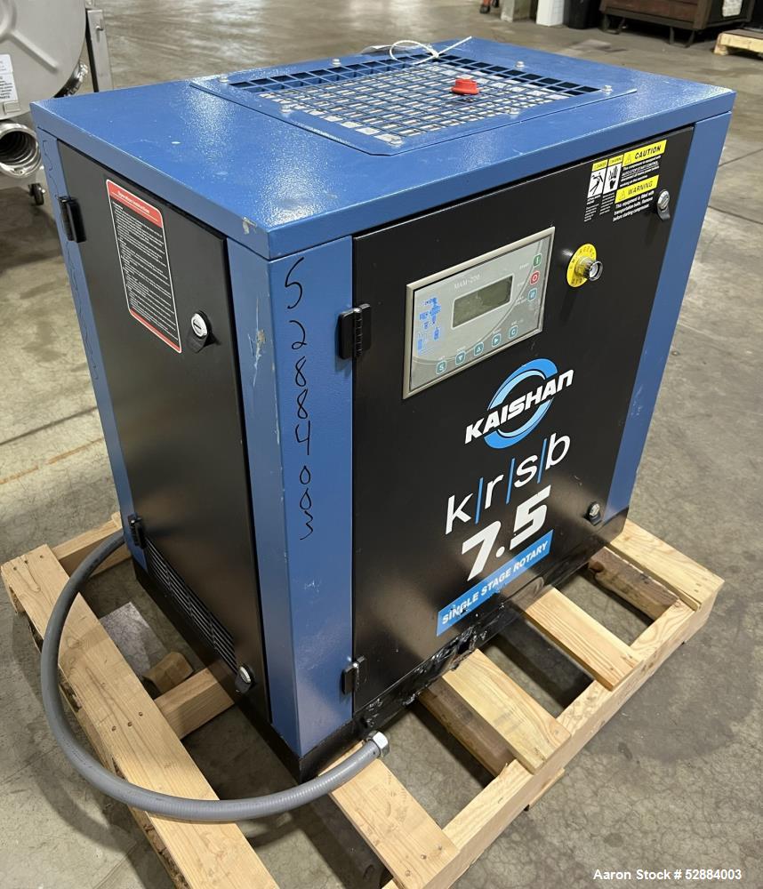 Used Kaishan Deltech Single Stage Rotary Air Compressor, Model KRSB-7.5. 24CFM. Driven by a 5.5kw (7.5hp) 3/60/208-230/460v 3540rpm motor. Rated 125 psi discharge pressure, Serial# 407682, built 2022...