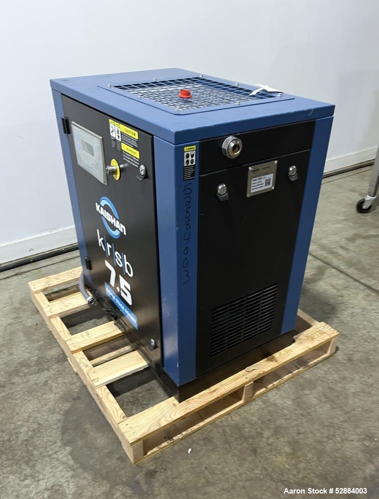 Used Kaishan Deltech Single Stage Rotary Air Compressor, Model KRSB-7.5. 24CFM. Driven by a 5.5kw (7.5hp) 3/60/208-230/460v 3540rpm motor. Rated 125 psi discharge pressure, Serial# 407682, built 2022...